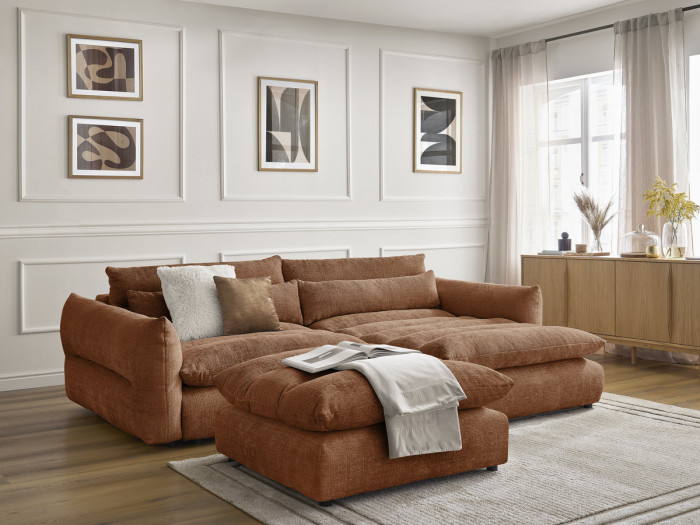 Canapé d'angle fixe NEIL tissu texturé avec pouf