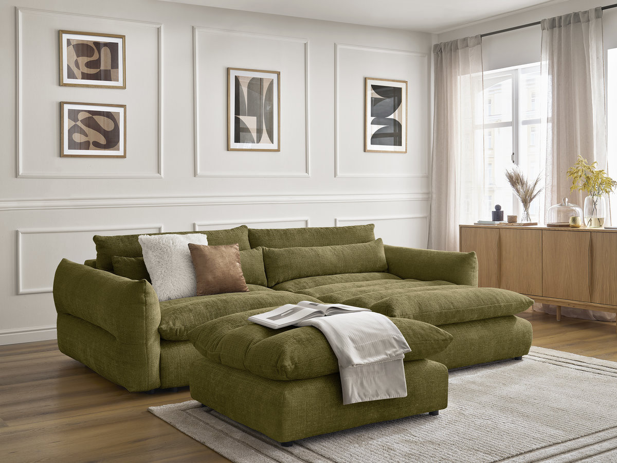 Canapé d'angle NEIL texturé avec pouf vert