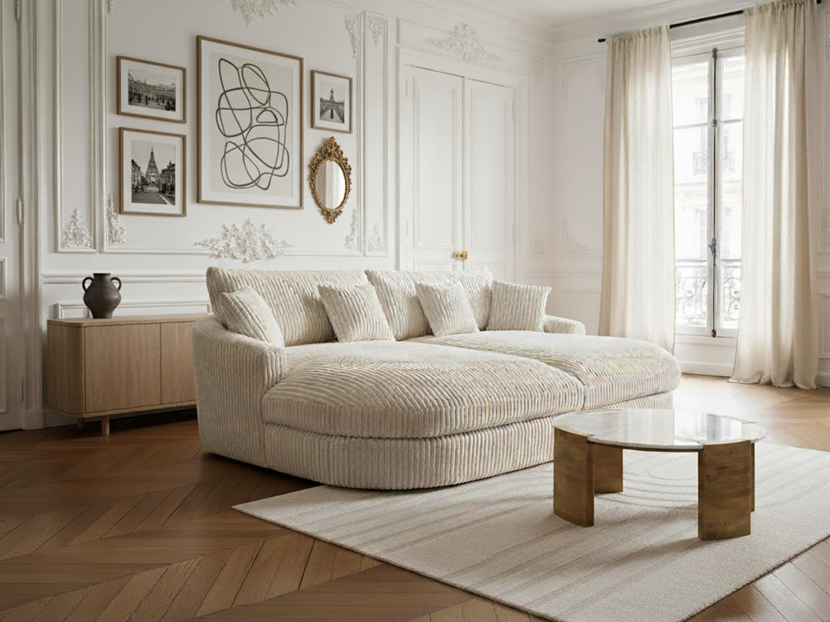 Canapé droit 3 places BELEM assise profonde gros côtelé doux beige