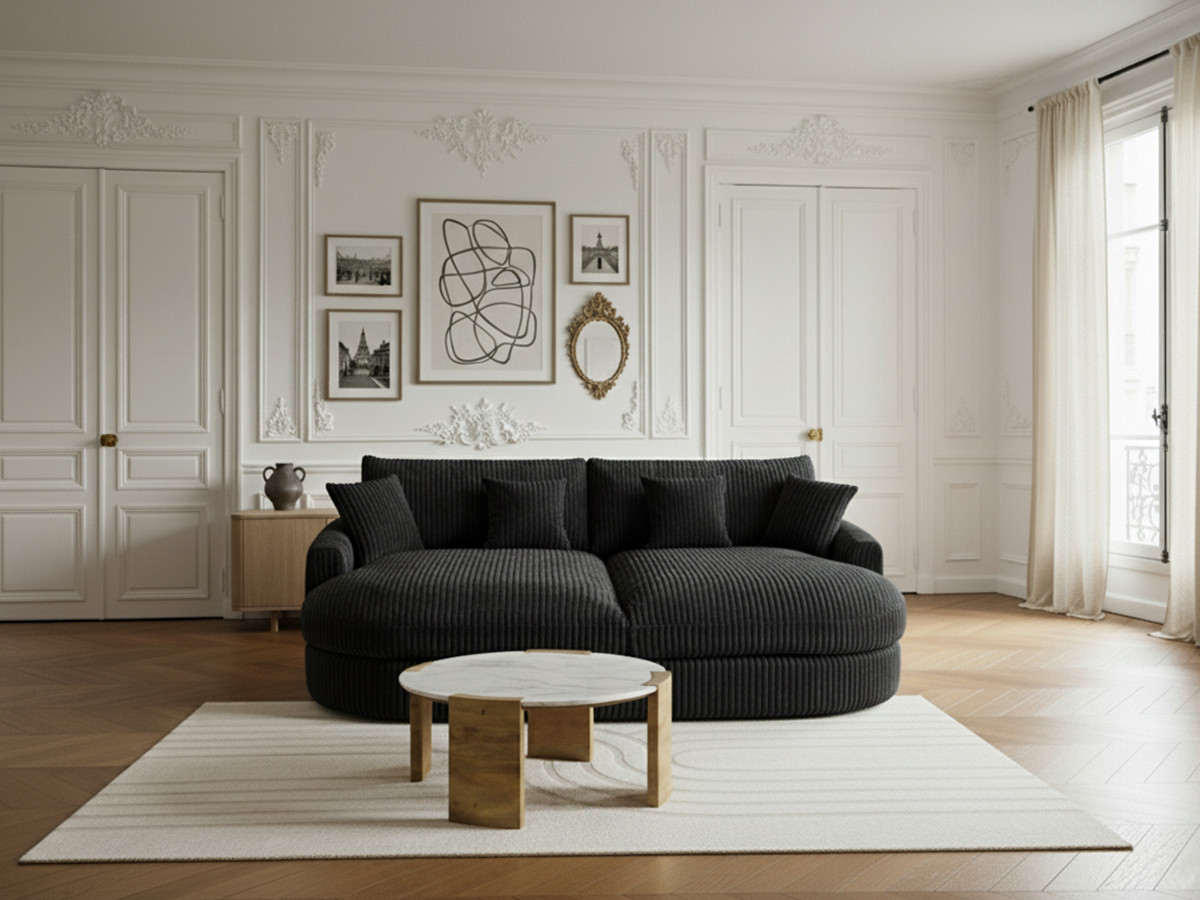 Canapé droit 3 places BELEM assise profonde gros côtelé doux noir — vue 4