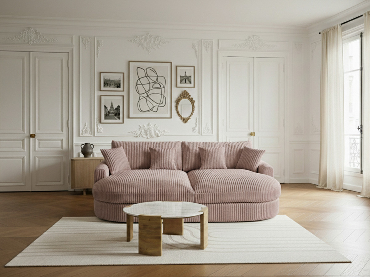 Canapé droit 3 places BELEM assise profonde gros côtelé doux rose