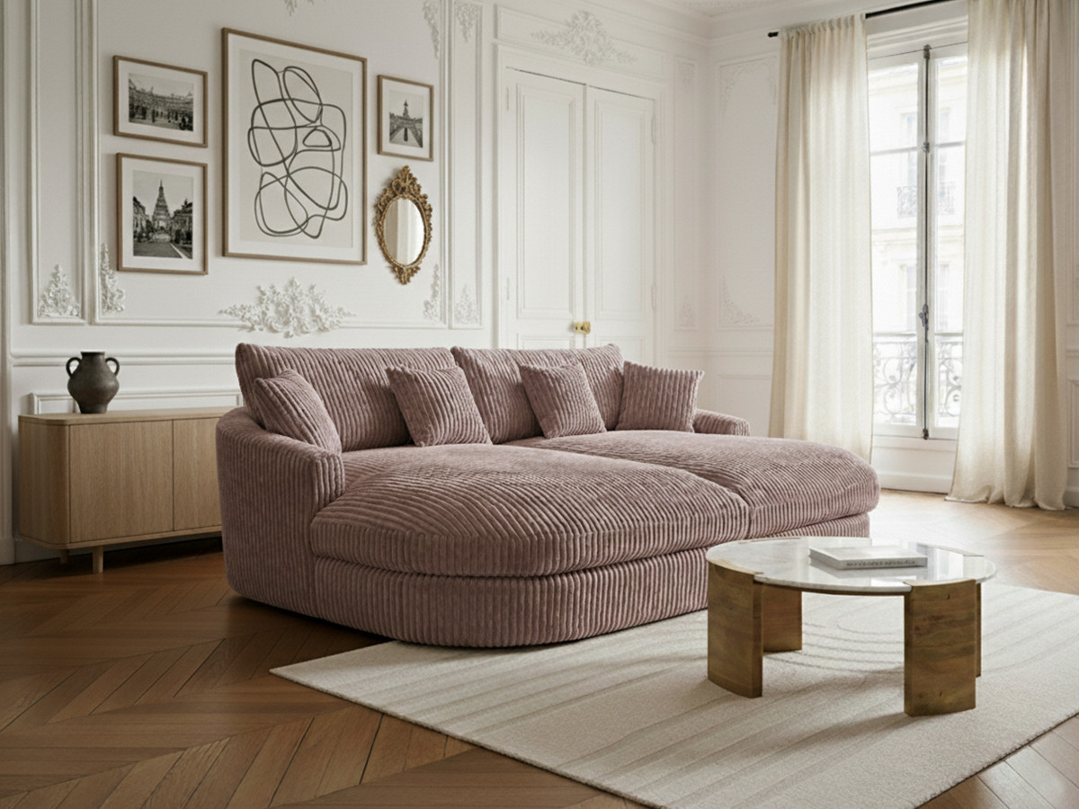 Canapé droit 3 places BELEM assise profonde gros côtelé doux rose — vue 6