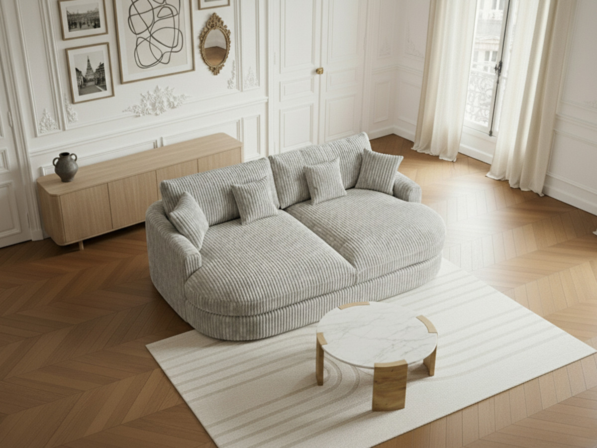 Canapé droit 3 places BELEM assise profonde gros côtelé doux gris clair — vue 5