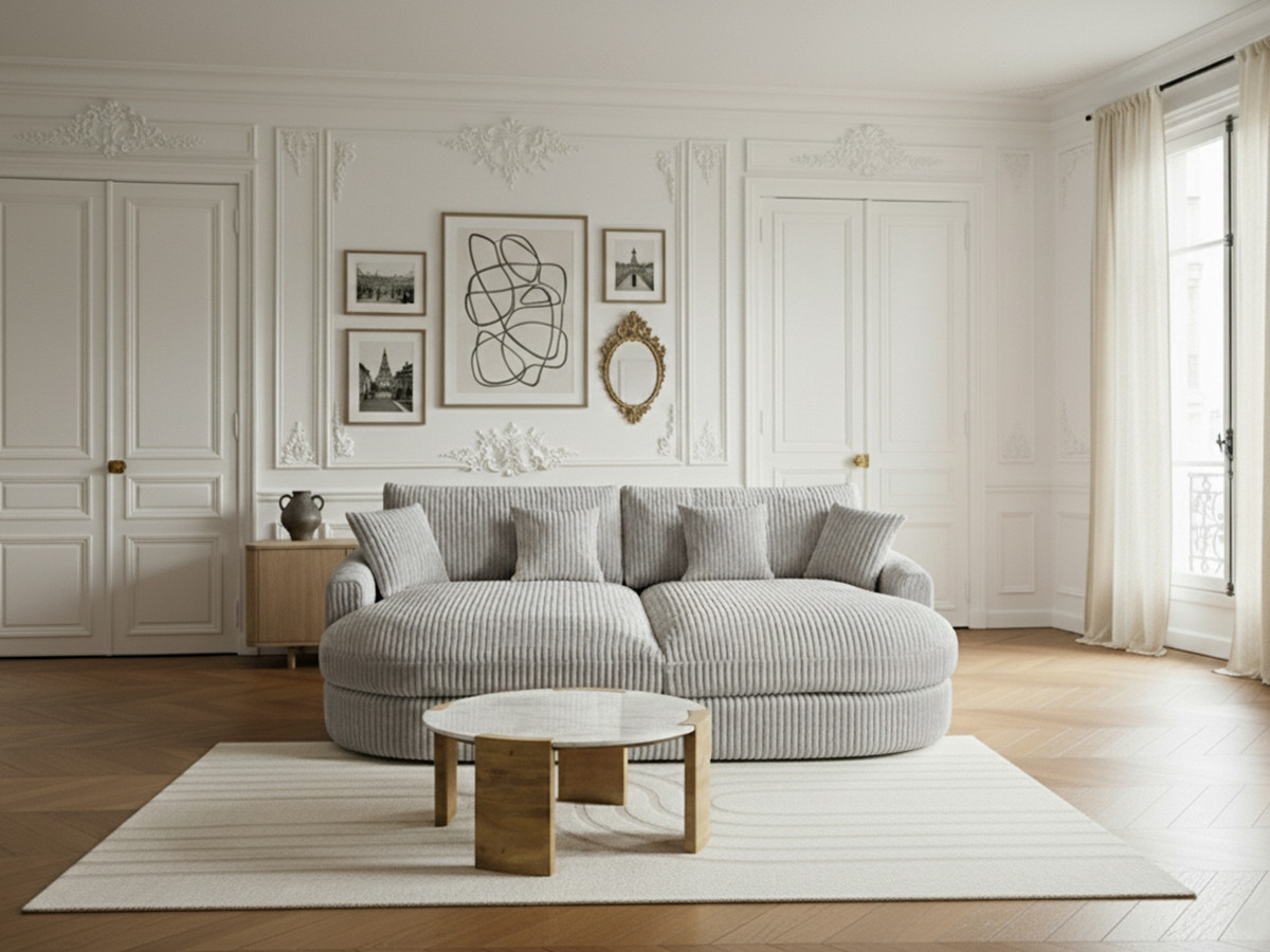 Canapé droit 3 places BELEM assise profonde gros côtelé doux gris clair — vue 4