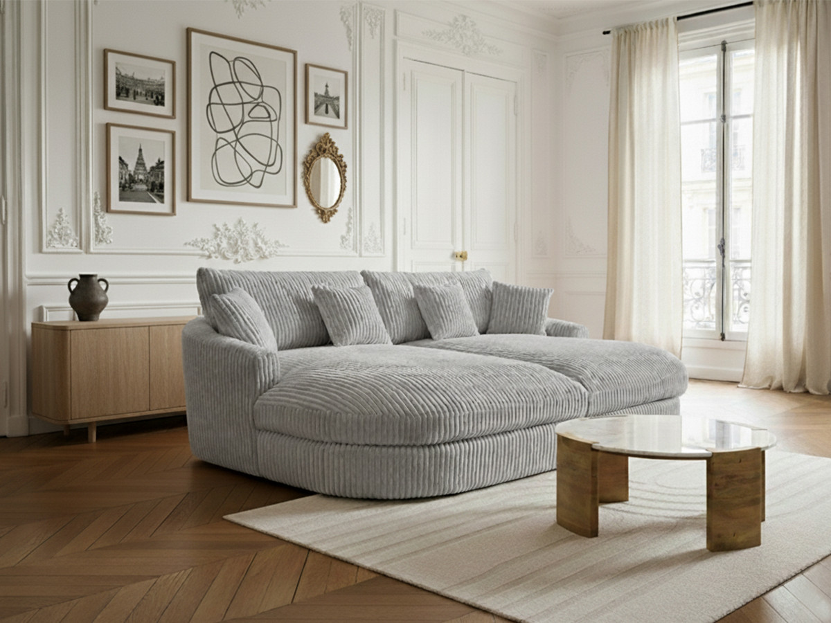 Canapé droit 3 places BELEM assise profonde gros côtelé doux gris clair — vue 6