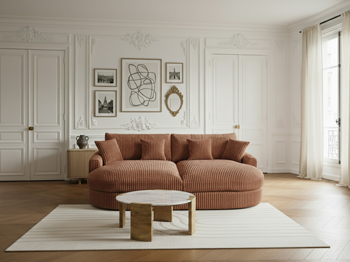 Canapé droit 3 places BELEM assise profonde gros côtelé doux orange — vue 6