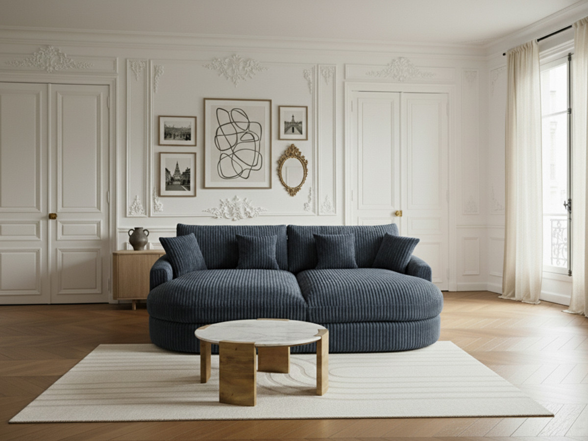 Canapé droit 3 places BELEM assise profonde gros côtelé doux bleu