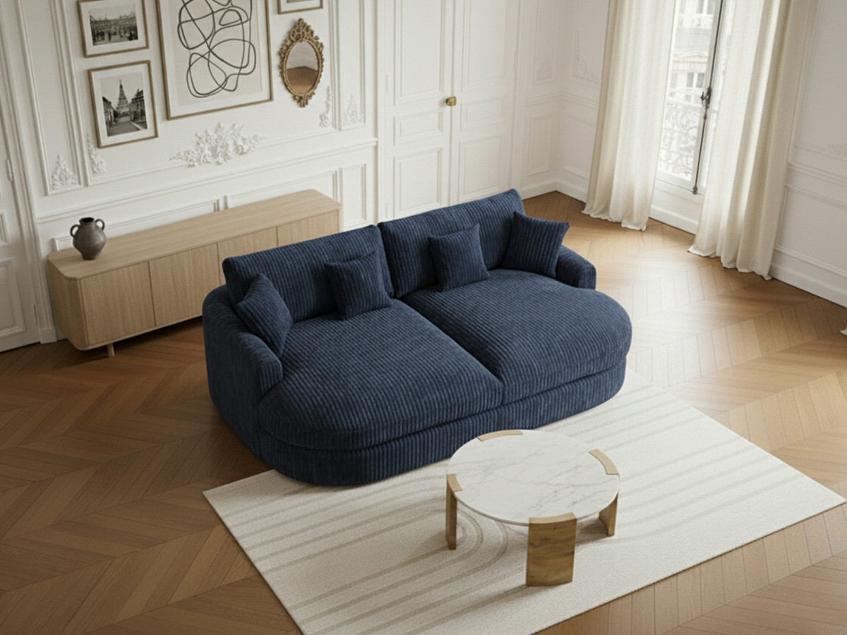 Canapé droit 3 places BELEM assise profonde gros côtelé doux bleu — vue 5