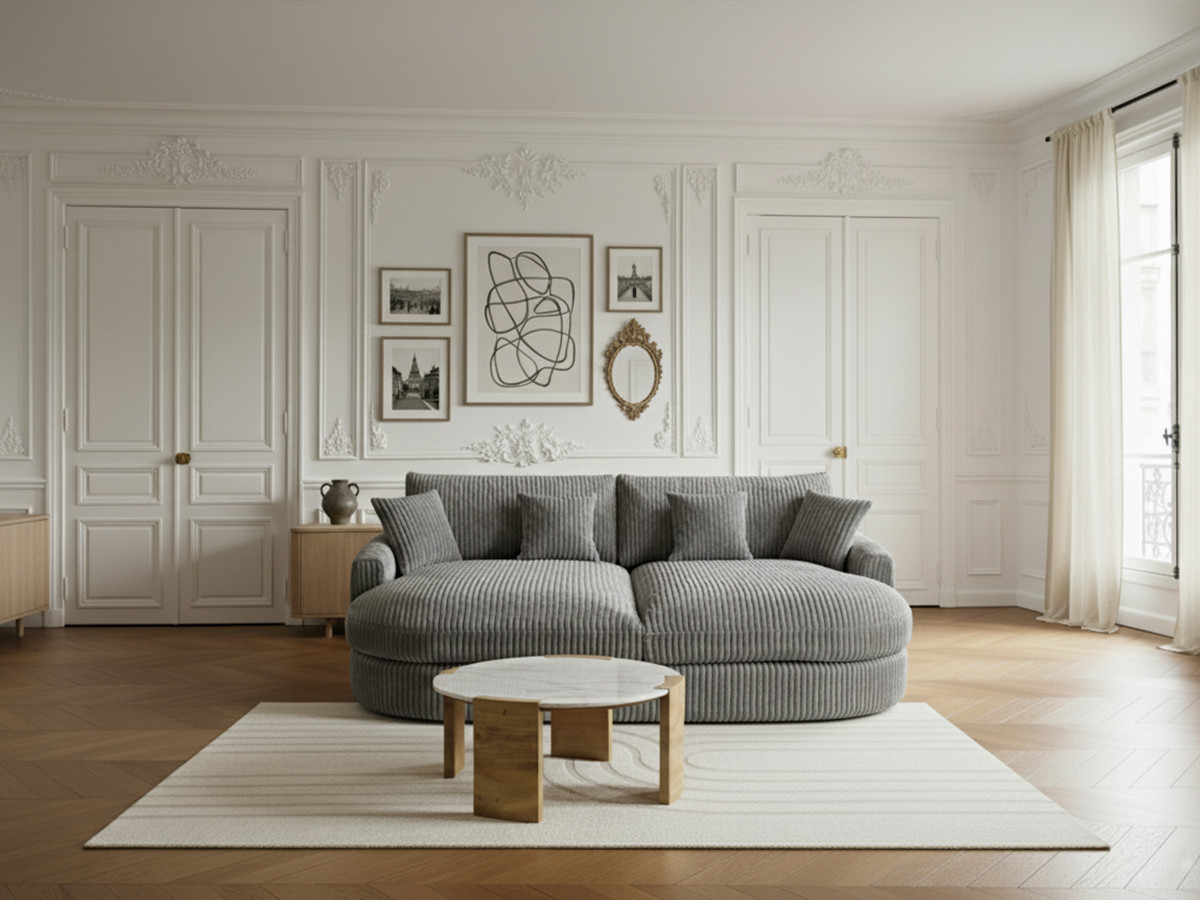 Canapé droit 3 places BELEM assise profonde gros côtelé doux gris foncé — vue 5