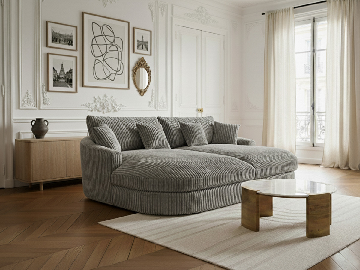 Canapé droit 3 places BELEM assise profonde gros côtelé doux gris foncé