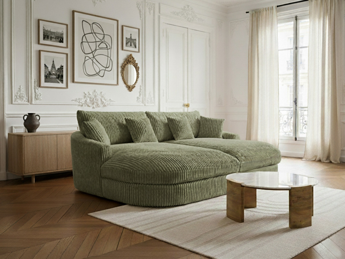 Canapé droit 3 places BELEM assise profonde gros côtelé doux vert