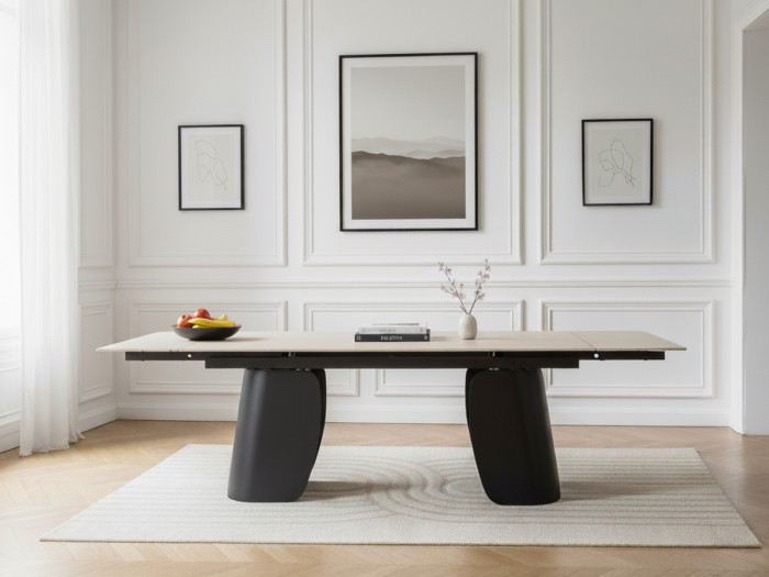 Table à manger extensible 180 à 260 cm JULIA plateau travertin