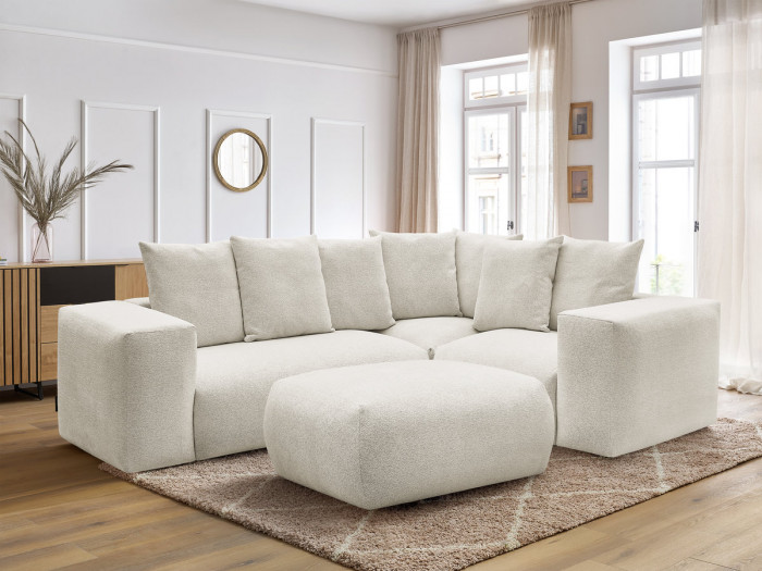 Canapé d'angle fixe modulable VOLTAIRE avec 1 chauffeuse 2 places, 1 angle et 1 chauffeuse 1 place tissu chiné avec pouf