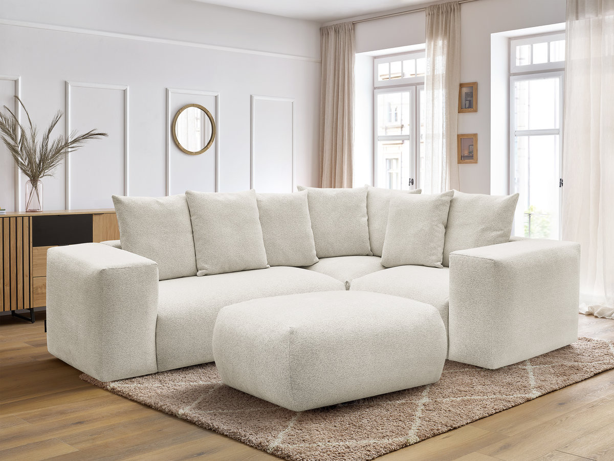 VOLTAIRE modulaire vaste hoekbank met 1 2-zits fauteuil, 1 hoek- en 1 1-zits fauteuil in gemêleerde stof met poef