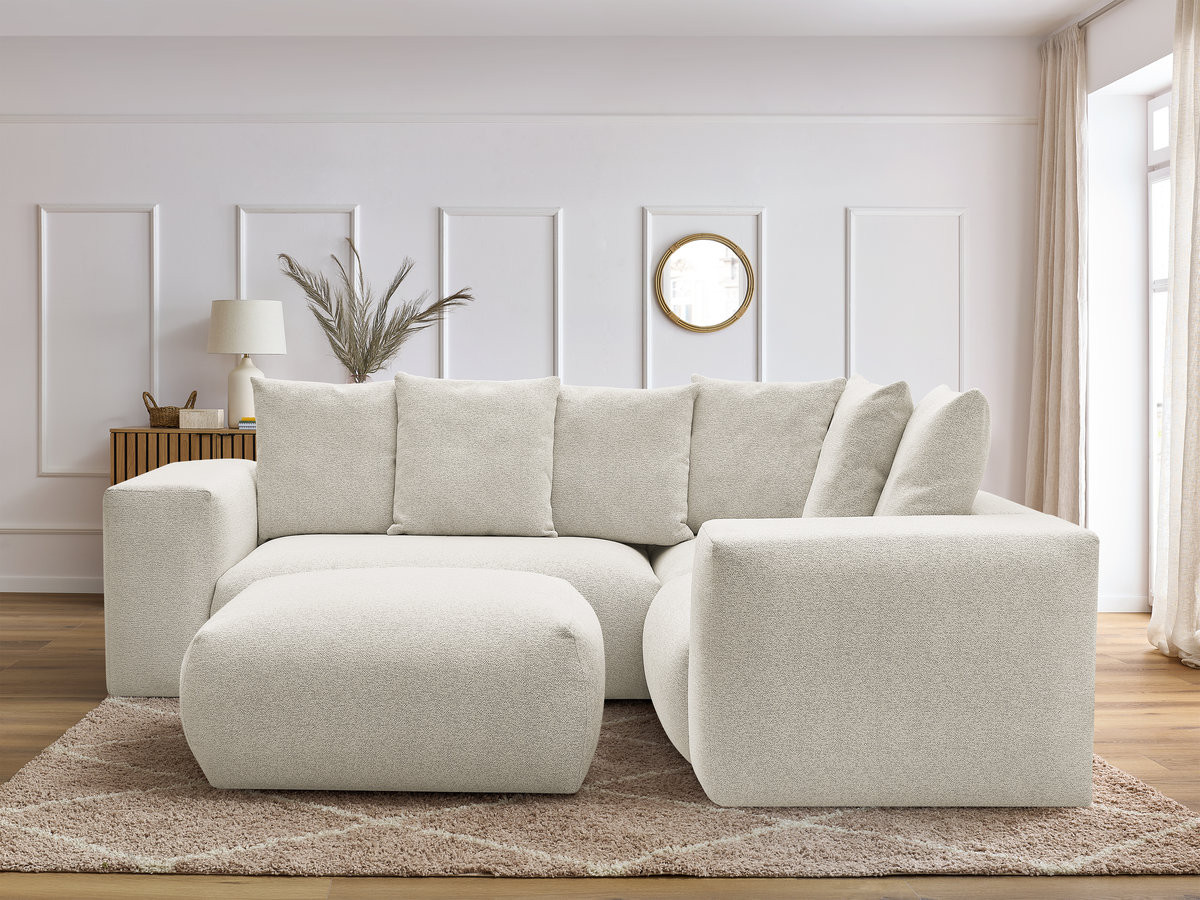 VOLTAIRE modulaire vaste hoekbank met 1 2-zits fauteuil, 1 hoek- en 1 1-zits fauteuil in gemêleerde stof met poef