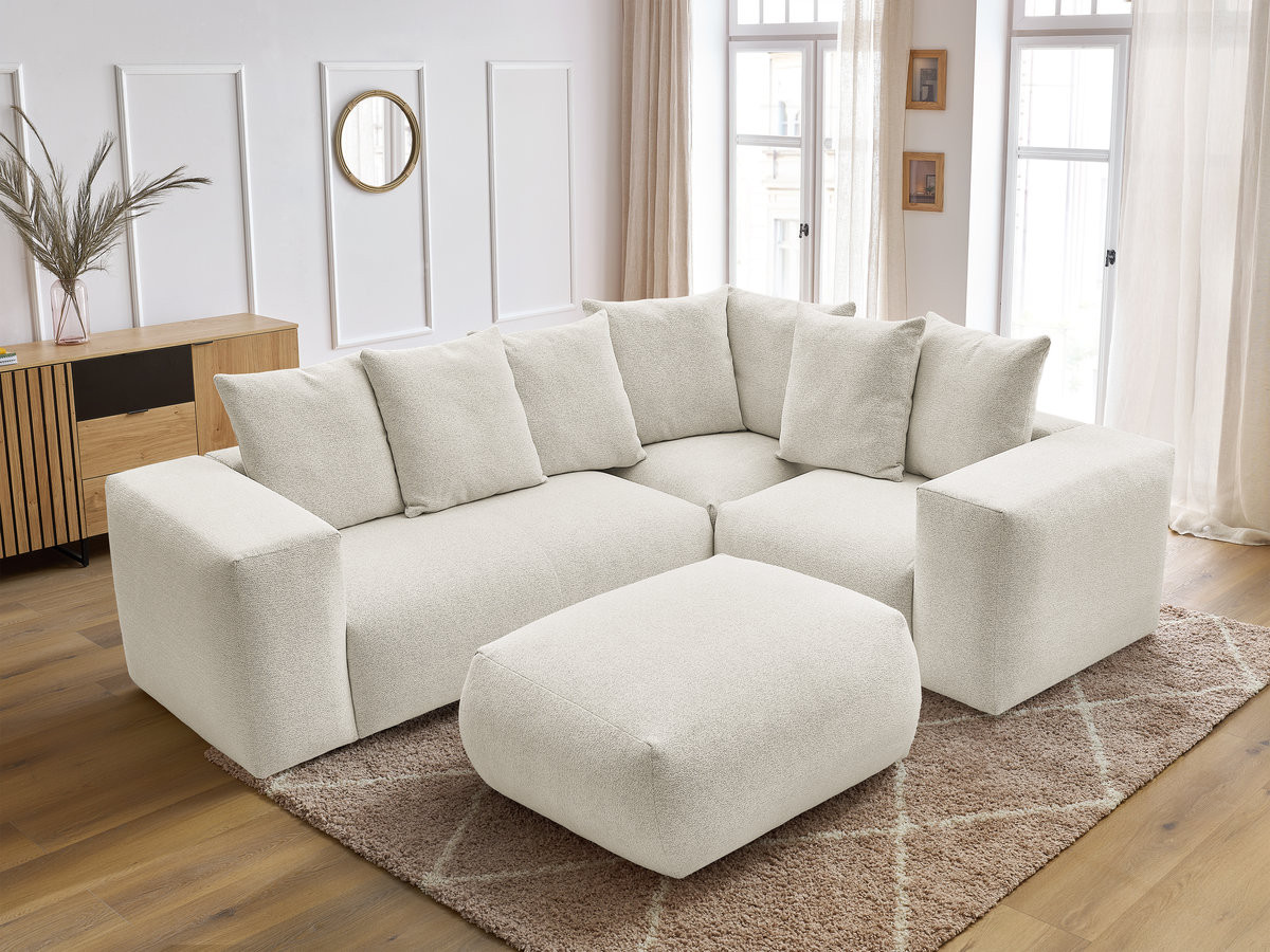 VOLTAIRE modulaire vaste hoekbank met 1 2-zits fauteuil, 1 hoek- en 1 1-zits fauteuil in gemêleerde stof met poef