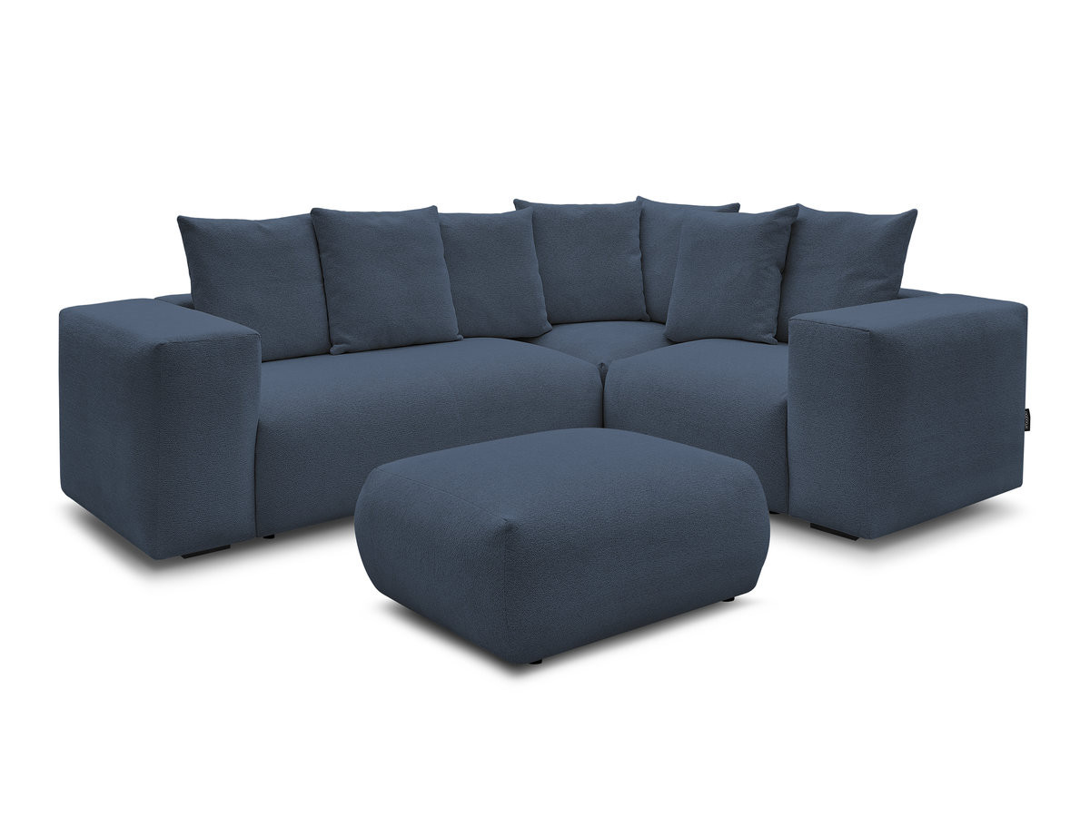 voltaire modulaire vaste hoekbank met 1 2-zits fauteuil, 1 hoek- en 1 1-zits fauteuil in gemêleerde stof met poef gekleurd donkerblauw