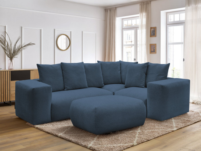 Canapé d'angle fixe modulable VOLTAIRE avec 1 chauffeuse 2 places, 1 angle et 1 chauffeuse 1 place tissu chiné avec pouf