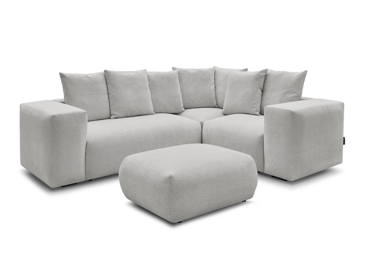 voltaire modulaire vaste hoekbank met 1 2-zits fauteuil, 1 hoek- en 1 1-zits fauteuil in gemêleerde stof met poef gekleurd lichtgrijs