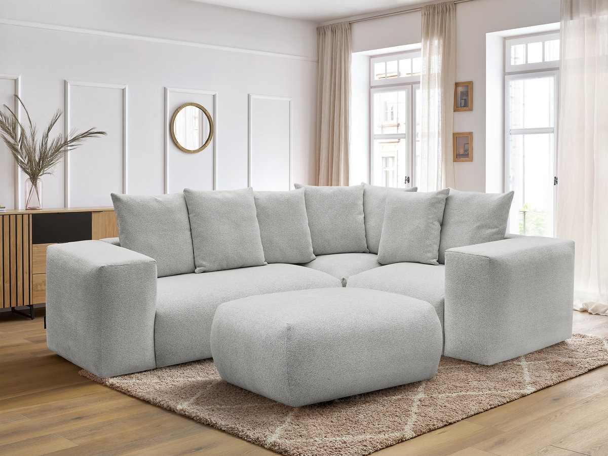 VOLTAIRE modulaire vaste hoekbank met 1 2-zits fauteuil, 1 hoek- en 1 1-zits fauteuil in gemêleerde stof met poef
