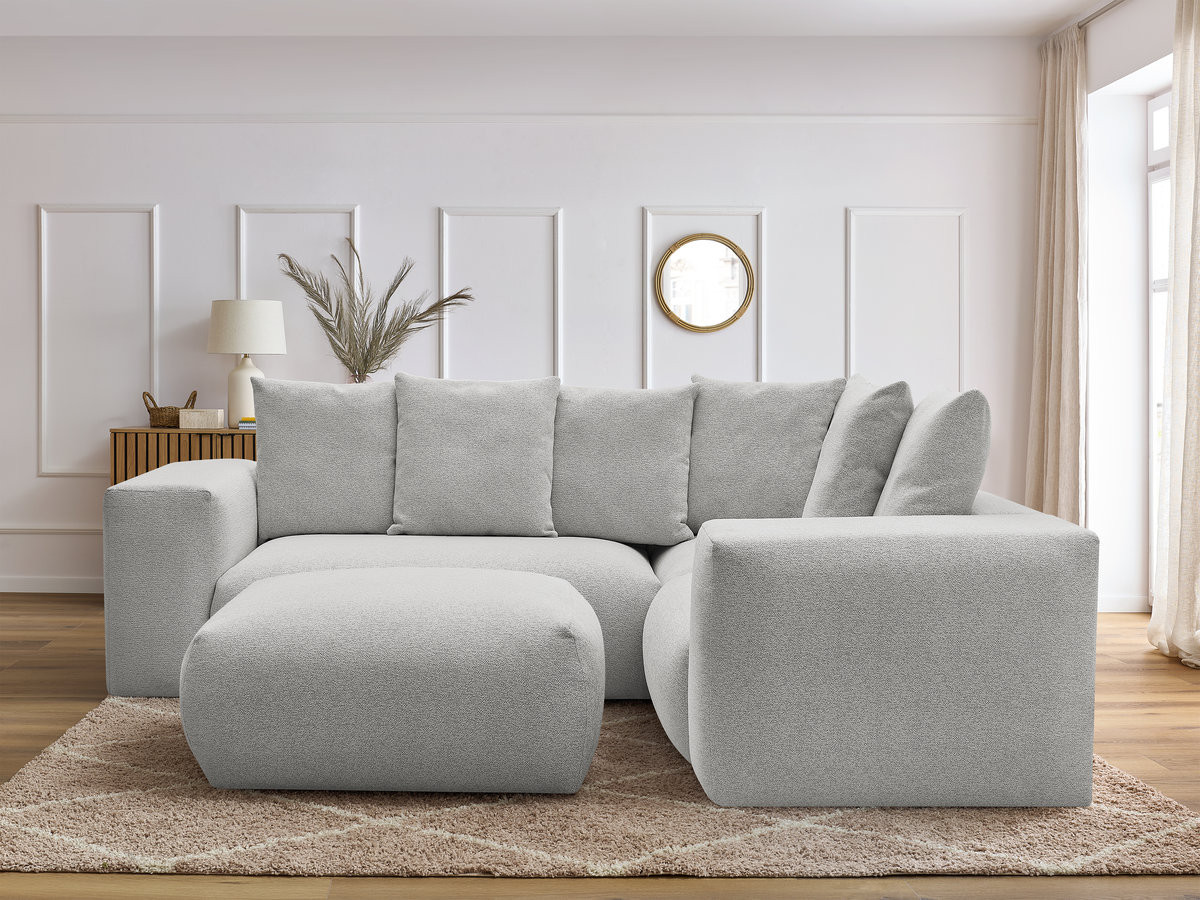 VOLTAIRE modulaire vaste hoekbank met 1 2-zits fauteuil, 1 hoek- en 1 1-zits fauteuil in gemêleerde stof met poef