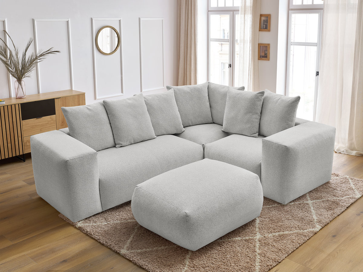 VOLTAIRE modulaire vaste hoekbank met 1 2-zits fauteuil, 1 hoek- en 1 1-zits fauteuil in gemêleerde stof met poef