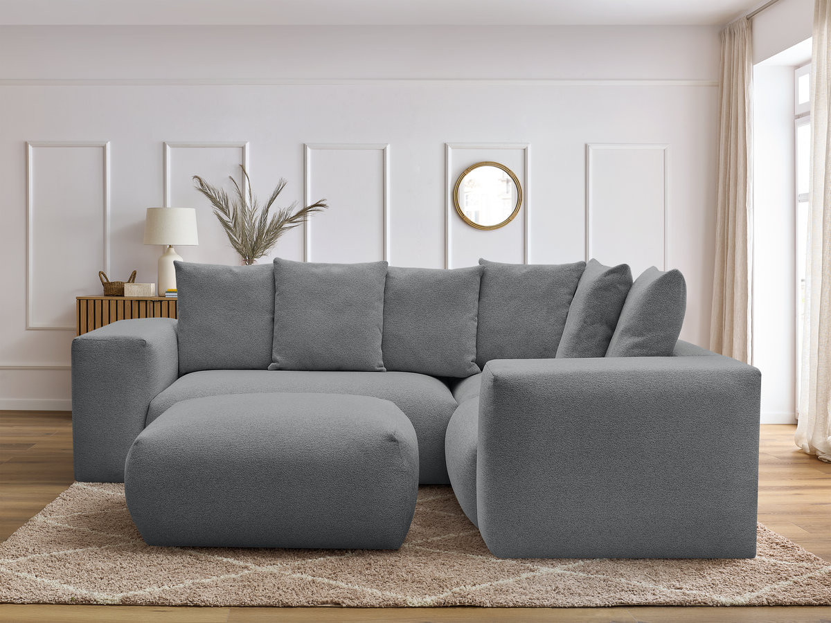 VOLTAIRE modulaire vaste hoekbank met 1 2-zits fauteuil, 1 hoek- en 1 1-zits fauteuil in gemêleerde stof met poef