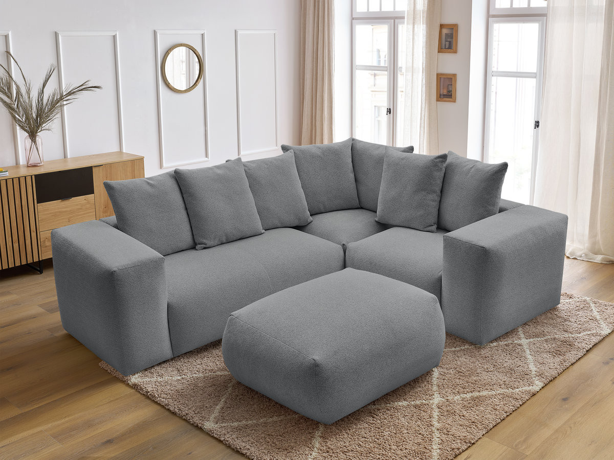 VOLTAIRE modulaire vaste hoekbank met 1 2-zits fauteuil, 1 hoek- en 1 1-zits fauteuil in gemêleerde stof met poef