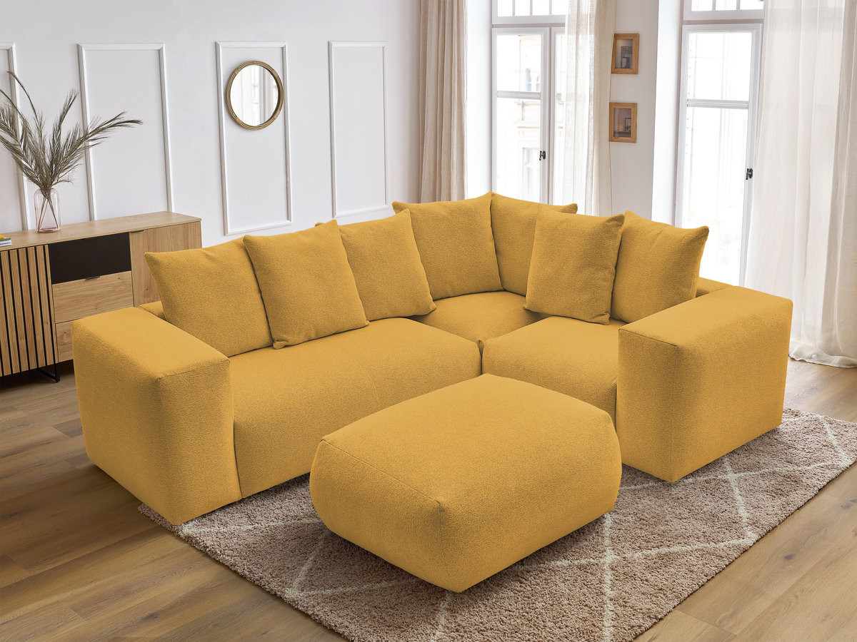VOLTAIRE modulaire vaste hoekbank met 1 2-zits fauteuil, 1 hoek- en 1 1-zits fauteuil in gemêleerde stof met poef