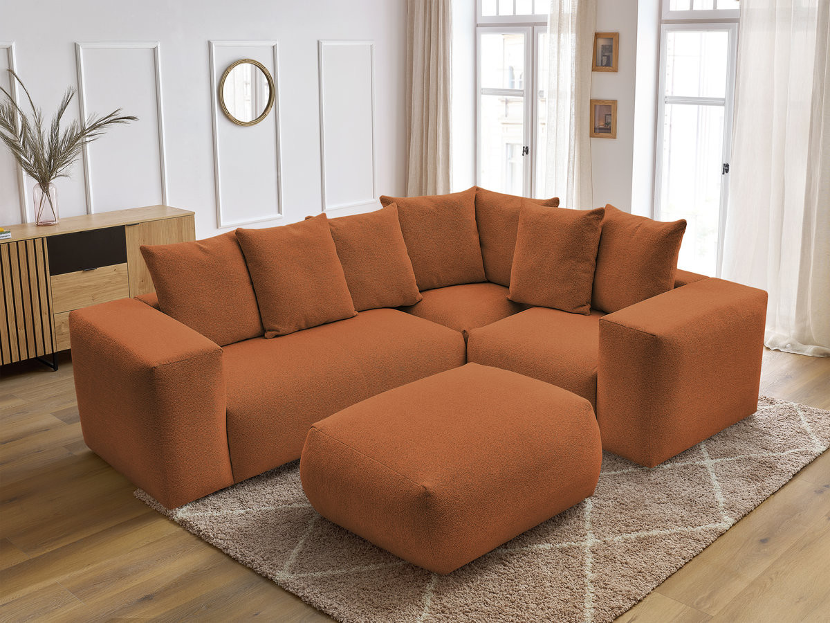 VOLTAIRE modulaire vaste hoekbank met 1 2-zits fauteuil, 1 hoek- en 1 1-zits fauteuil in gemêleerde stof met poef