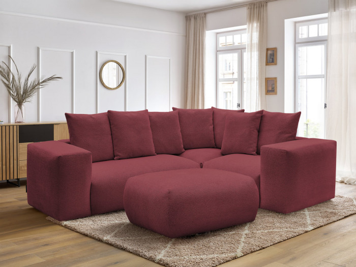 Canapé d'angle fixe modulable VOLTAIRE avec 1 chauffeuse 2 places, 1 angle et 1 chauffeuse 1 place tissu chiné avec pouf