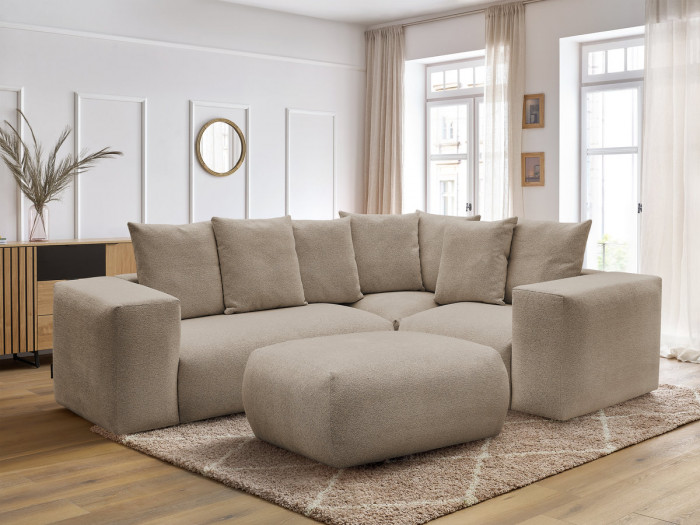 Canapé d'angle fixe modulable VOLTAIRE avec 1 chauffeuse 2 places, 1 angle et 1 chauffeuse 1 place tissu chiné avec pouf