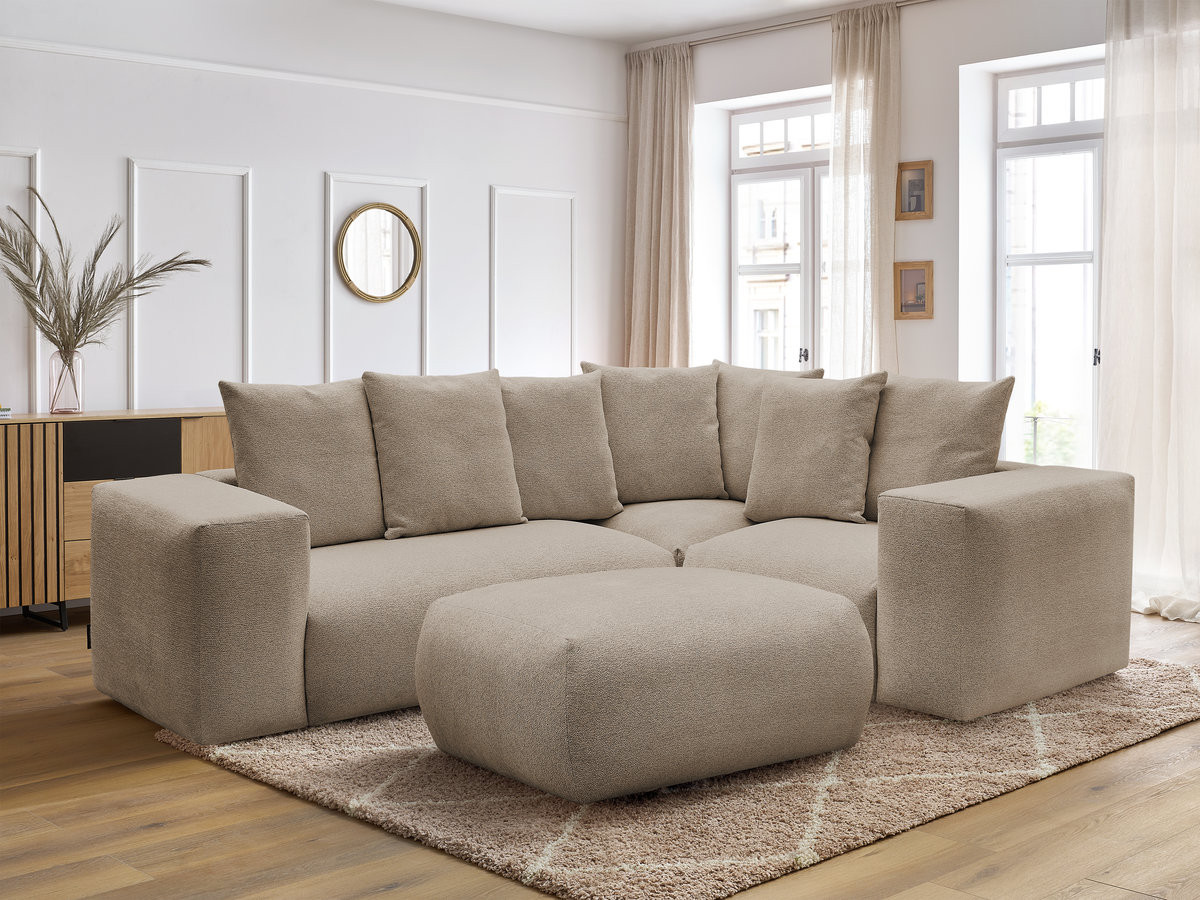 VOLTAIRE modulaire vaste hoekbank met 1 2-zits fauteuil, 1 hoek- en 1 1-zits fauteuil in gemêleerde stof met poef