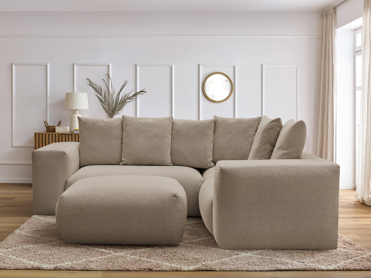 VOLTAIRE modulaire vaste hoekbank met 1 2-zits fauteuil, 1 hoek- en 1 1-zits fauteuil in gemêleerde stof met poef