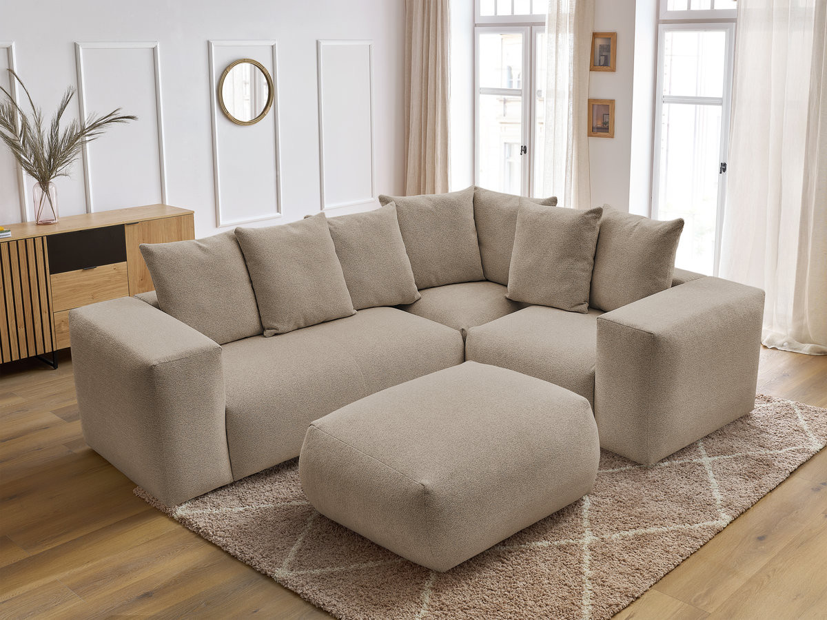 VOLTAIRE modulaire vaste hoekbank met 1 2-zits fauteuil, 1 hoek- en 1 1-zits fauteuil in gemêleerde stof met poef