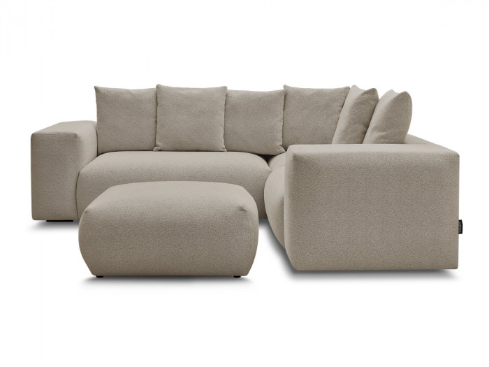 Canapé d'angle fixe modulable VOLTAIRE avec 1 chauffeuse 2 places, 1 angle et 1 chauffeuse 1 place tissu chiné avec pouf