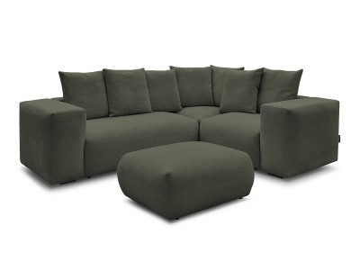 Canapé d'angle fixe modulable VOLTAIRE avec 1 chauffeuse 2 places, 1 angle et 1 chauffeuse 1 place tissu chiné avec pouf