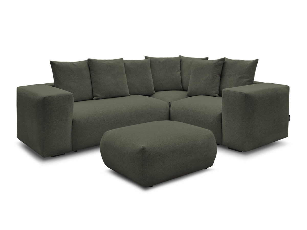 voltaire modulaire vaste hoekbank met 1 2-zits fauteuil, 1 hoek- en 1 1-zits fauteuil in gemêleerde stof met poef gekleurd groente
