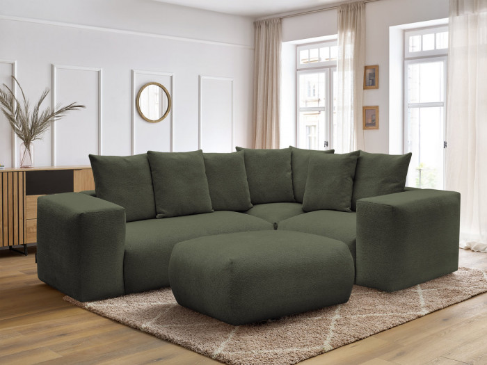 Canapé d'angle fixe modulable VOLTAIRE avec 1 chauffeuse 2 places, 1 angle et 1 chauffeuse 1 place tissu chiné avec pouf