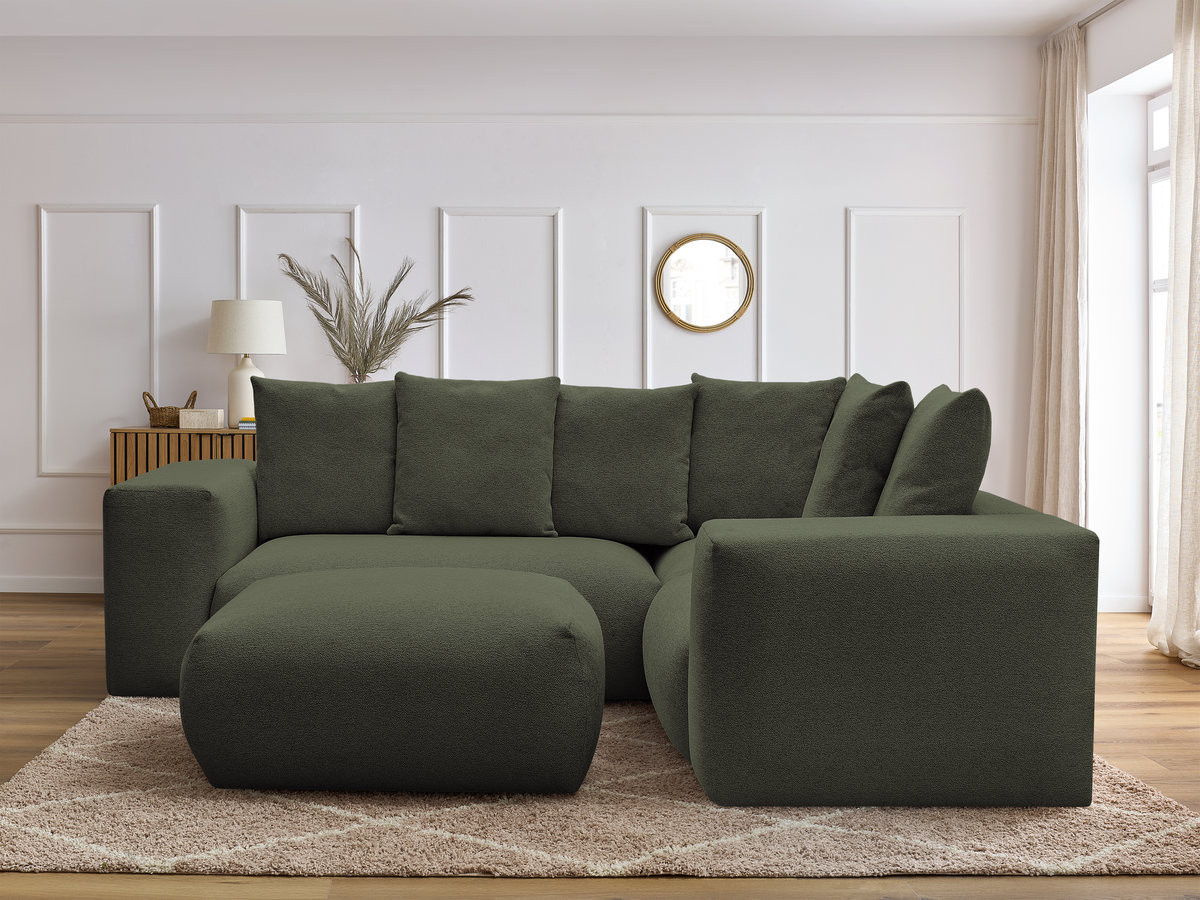 VOLTAIRE modulaire vaste hoekbank met 1 2-zits fauteuil, 1 hoek- en 1 1-zits fauteuil in gemêleerde stof met poef
