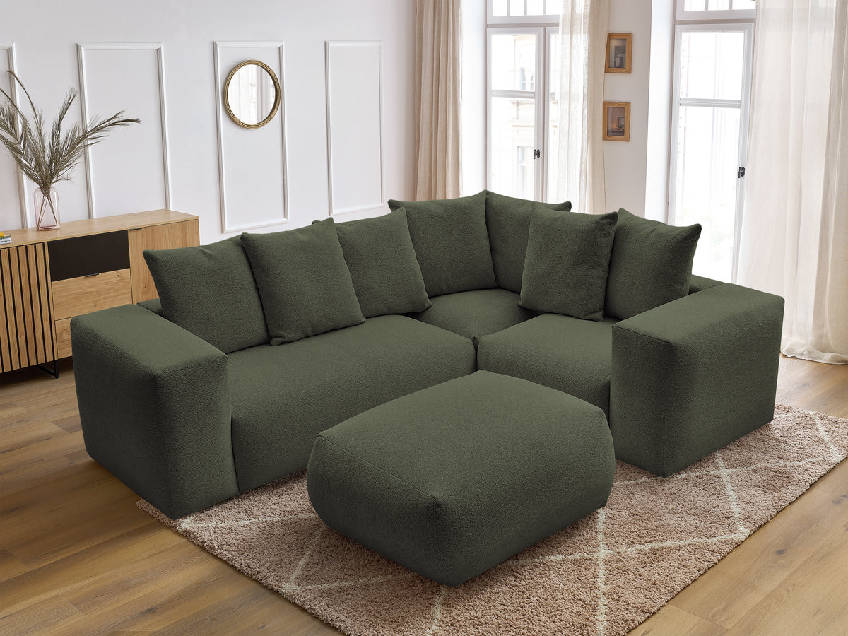 VOLTAIRE modulaire vaste hoekbank met 1 2-zits fauteuil, 1 hoek- en 1 1-zits fauteuil in gemêleerde stof met poef