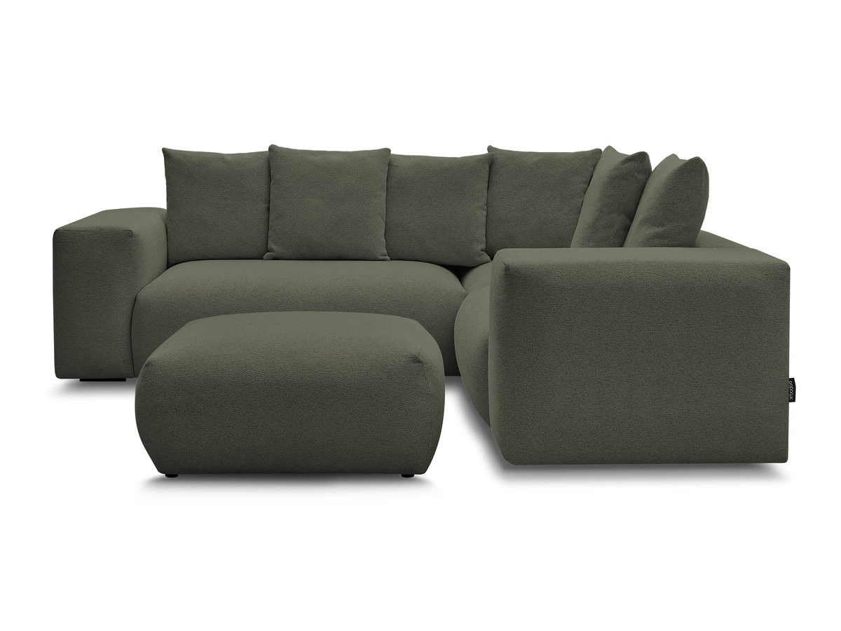 Canapé d'angle fixe modulable VOLTAIRE avec 1 chauffeuse 2 places, 1 angle et 1 chauffeuse 1 place tissu chiné avec pouf