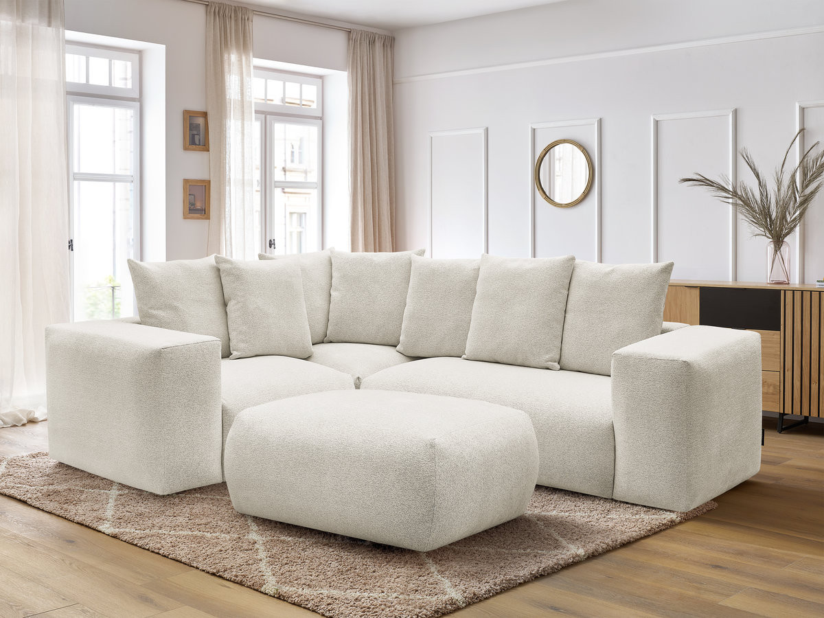 VOLTAIRE modulaire vaste hoekbank met 1 2-zits fauteuil, 1 hoek- en 1 1-zits fauteuil in gemêleerde stof met poef