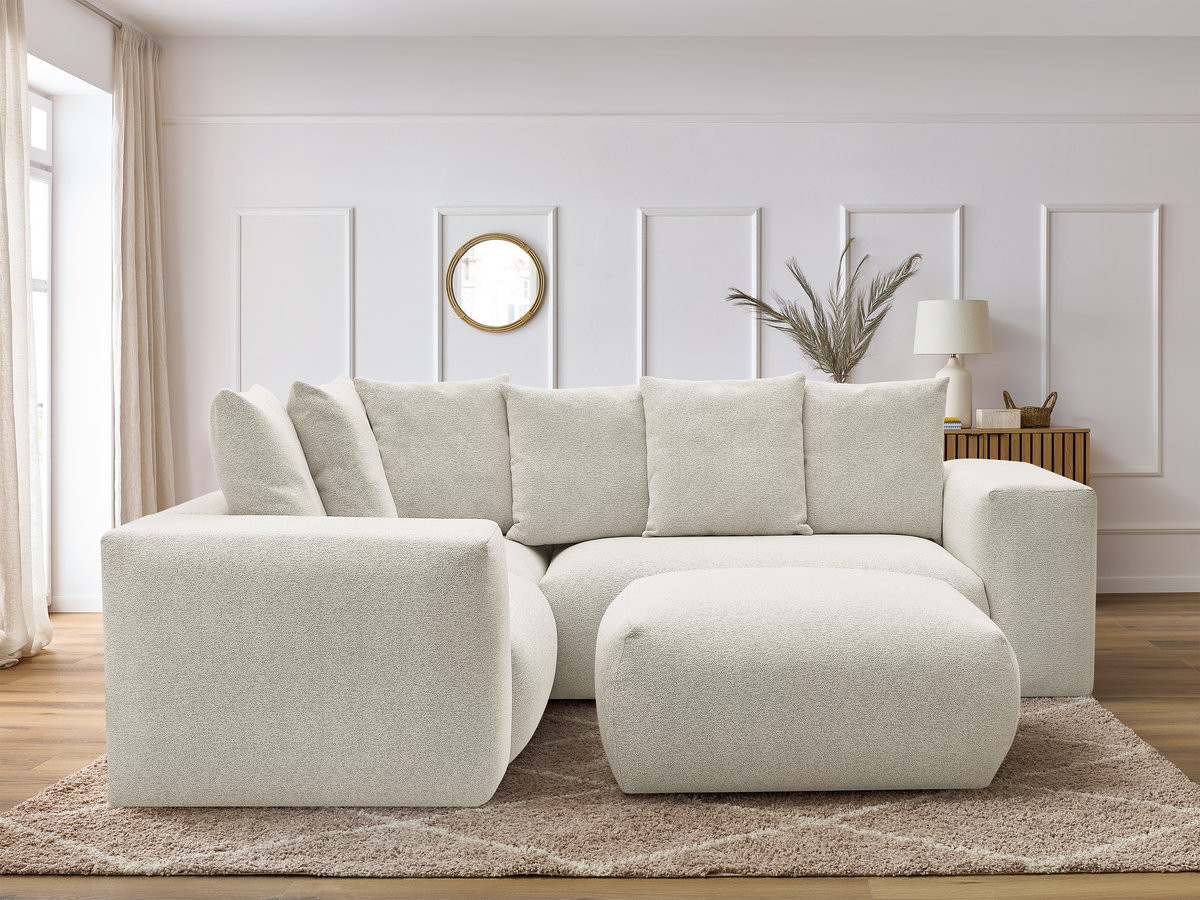 VOLTAIRE modulaire vaste hoekbank met 1 2-zits fauteuil, 1 hoek- en 1 1-zits fauteuil in gemêleerde stof met poef