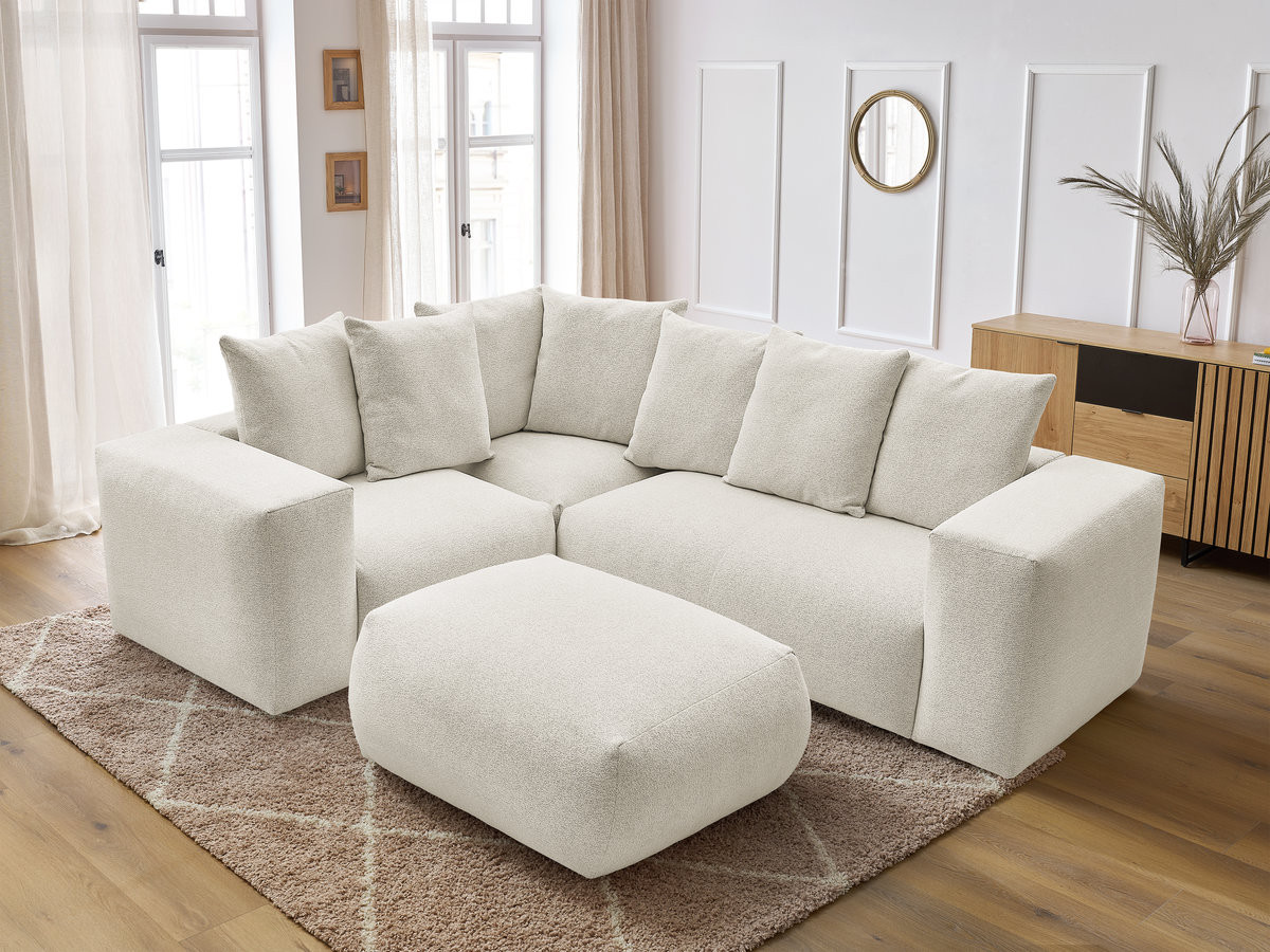 VOLTAIRE modulaire vaste hoekbank met 1 2-zits fauteuil, 1 hoek- en 1 1-zits fauteuil in gemêleerde stof met poef