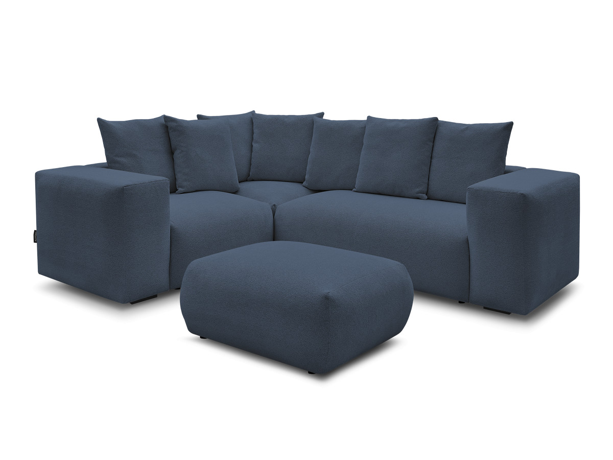 voltaire modulaire vaste hoekbank met 1 2-zits fauteuil, 1 hoek- en 1 1-zits fauteuil in gemêleerde stof met poef gekleurd donkerblauw