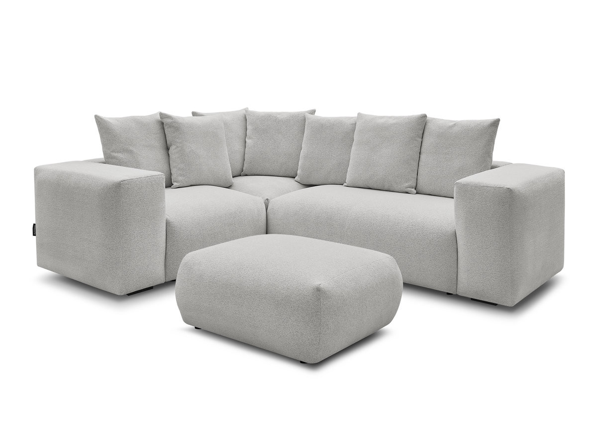voltaire modulaire vaste hoekbank met 1 2-zits fauteuil, 1 hoek- en 1 1-zits fauteuil in gemêleerde stof met poef gekleurd lichtgrijs