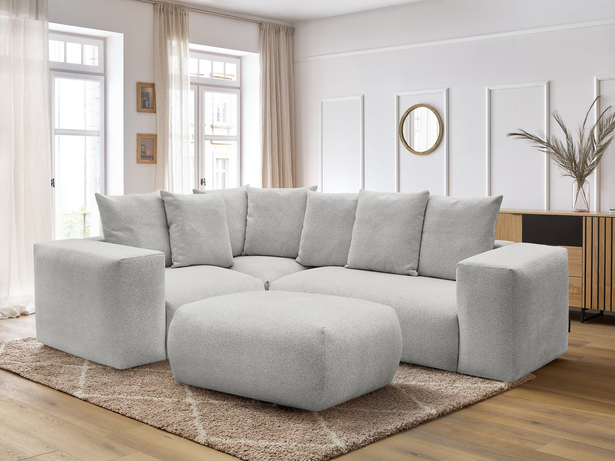 VOLTAIRE modulaire vaste hoekbank met 1 2-zits fauteuil, 1 hoek- en 1 1-zits fauteuil in gemêleerde stof met poef