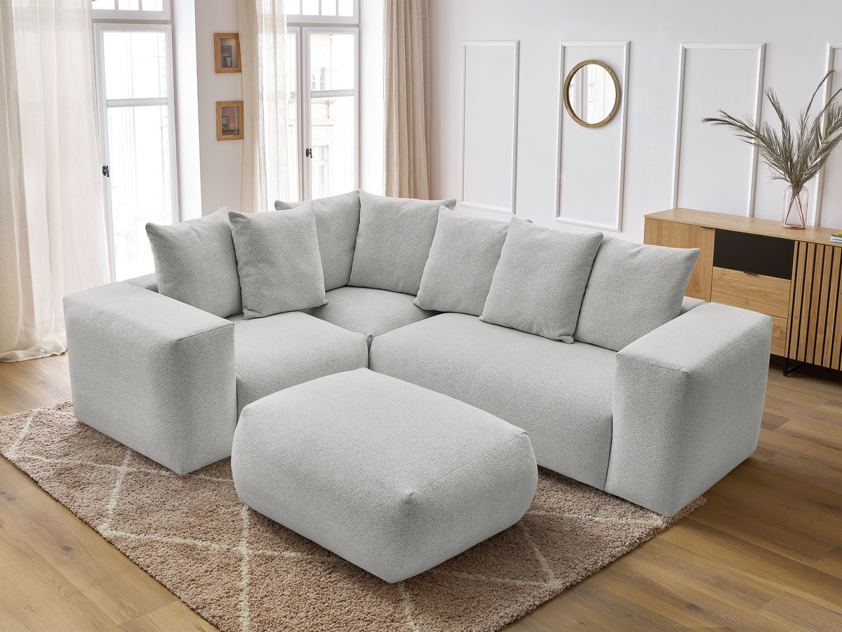 VOLTAIRE modulaire vaste hoekbank met 1 2-zits fauteuil, 1 hoek- en 1 1-zits fauteuil in gemêleerde stof met poef