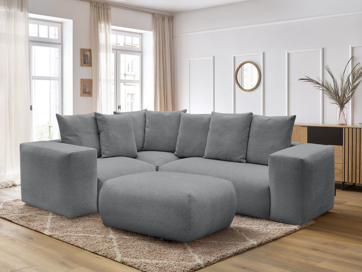 VOLTAIRE modulaire vaste hoekbank met 1 2-zits fauteuil, 1 hoek- en 1 1-zits fauteuil in gemêleerde stof met poef